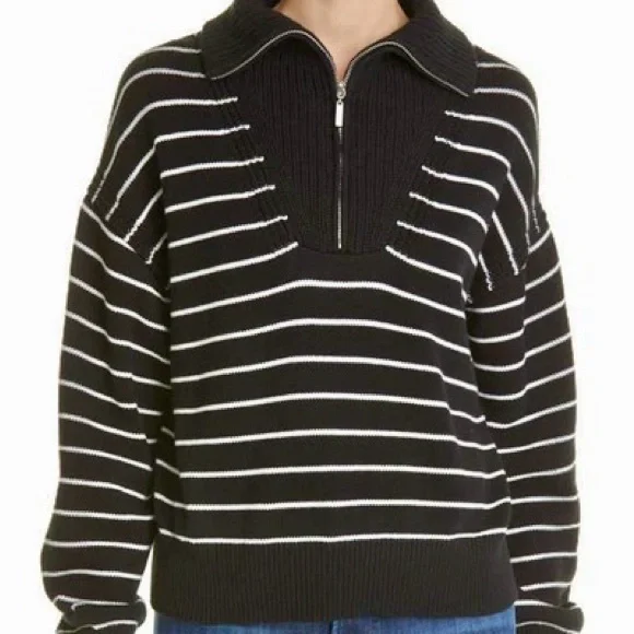 La Ligne Striped Half-Zip Cotton Cropped Sweater in Black/White - Size Medium - Picture 1 of 6